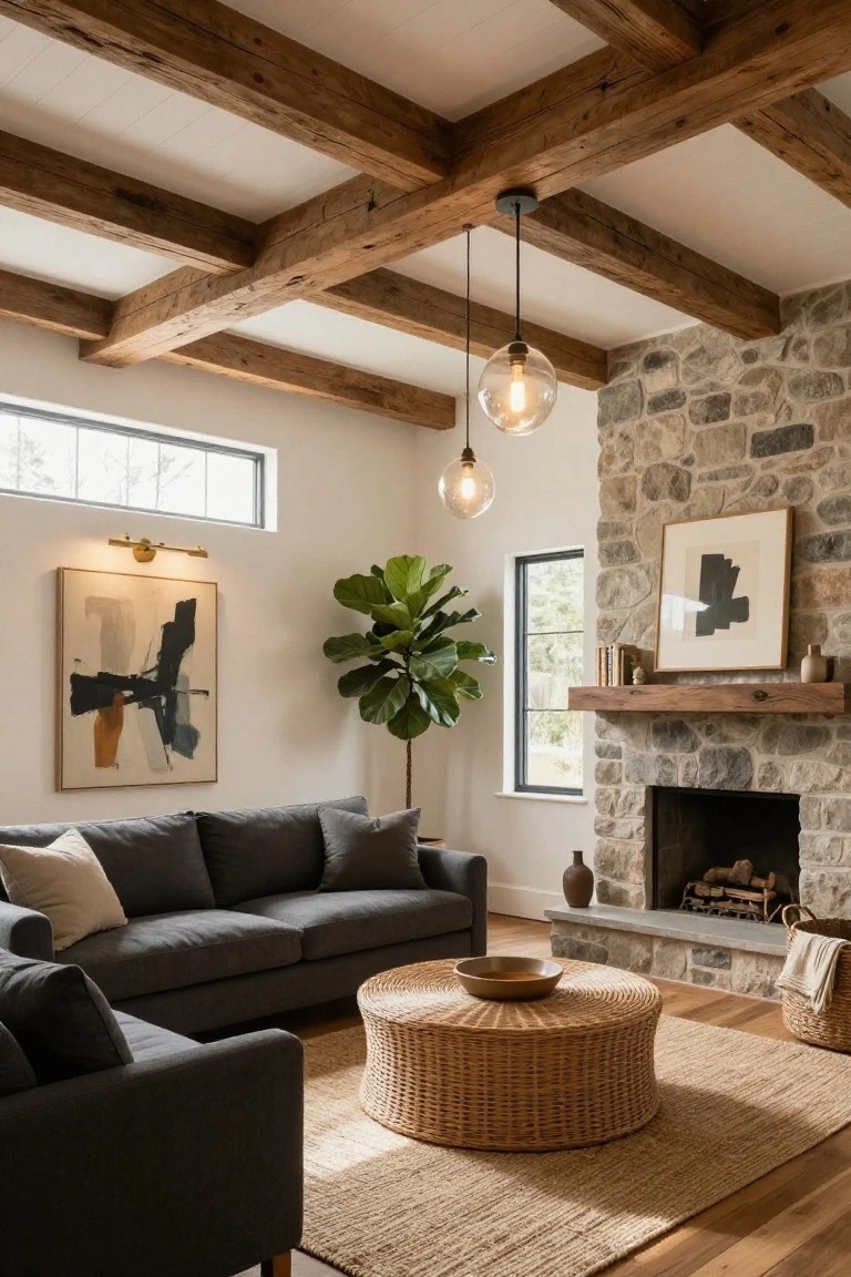 Living room interior with vaulted ceiling of exposed wooden beams, two lit globe pendant lights hanging above a gray sofa, woven ottoman, stone fireplace, and potted plants on hardwood floors.