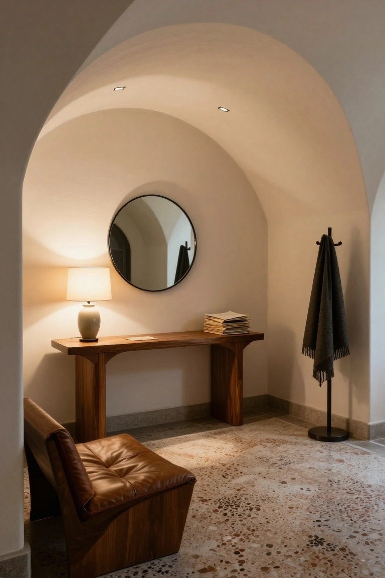 Arched interior entryway with wooden console table holding a lamp and books, round black mirror, leather chair, coat rack with draped blanket, terrazzo floor, and recessed ceiling lights.
