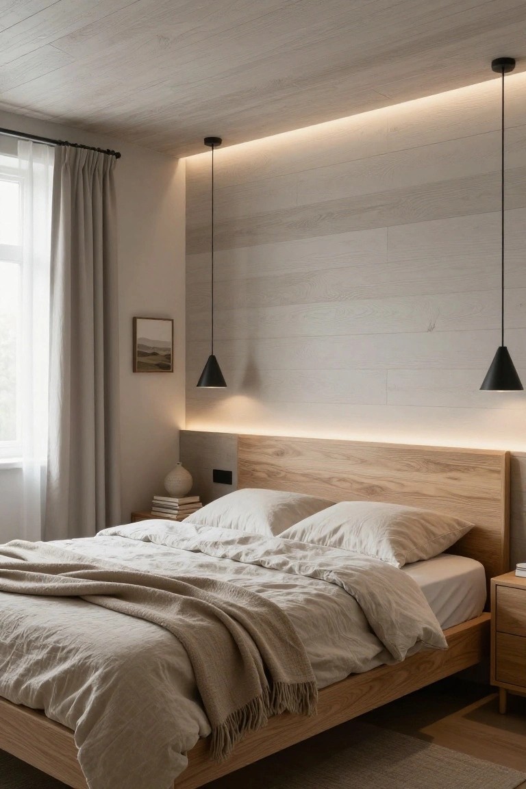 Bedroom with oak wood headboard and bed dressed in white linens and beige throw, light wood paneled vaulted ceiling and wall with recessed LED strip lighting emitting soft glow, two black cone pendant lights, nightstand with books and vase, sheer curtained window.