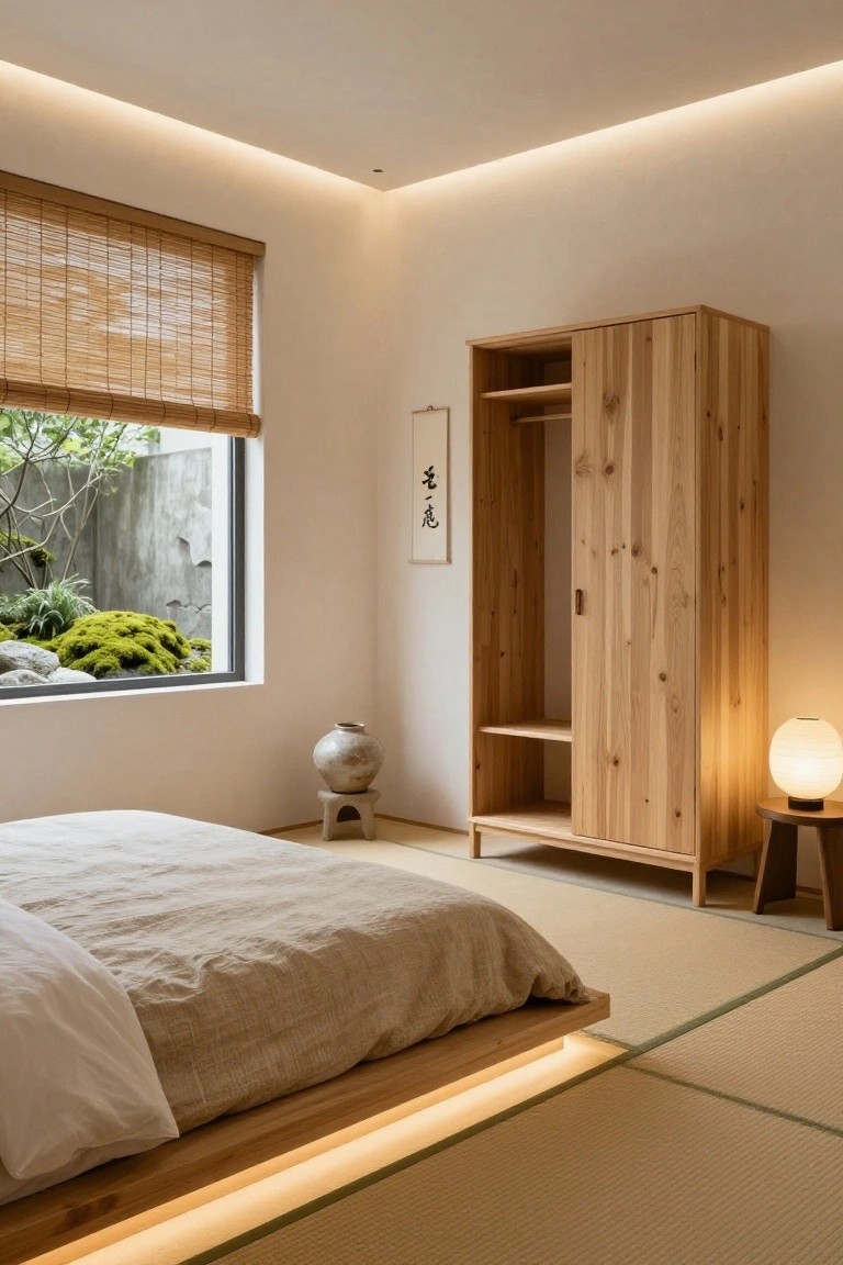 Serene bedroom with low wooden platform bed covered in beige linens, tall open wooden wardrobe, bamboo blinds on large window showing garden view with mossy rocks, paper lantern lamp on side table, stoneware vase on footed stand, tatami mat flooring, and soft glowing LED strips along ceiling perimeter.