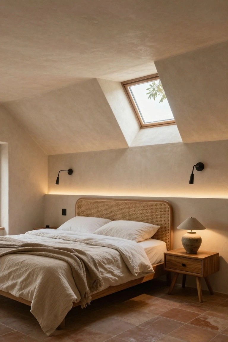 Bedroom with vaulted beige plaster ceiling and skylight, rattan headboard bed with white linens and beige throw, black wall sconces, thin LED strip lighting in wall recess behind bed, wooden nightstand with ceramic lamp, and terracotta tile floor.