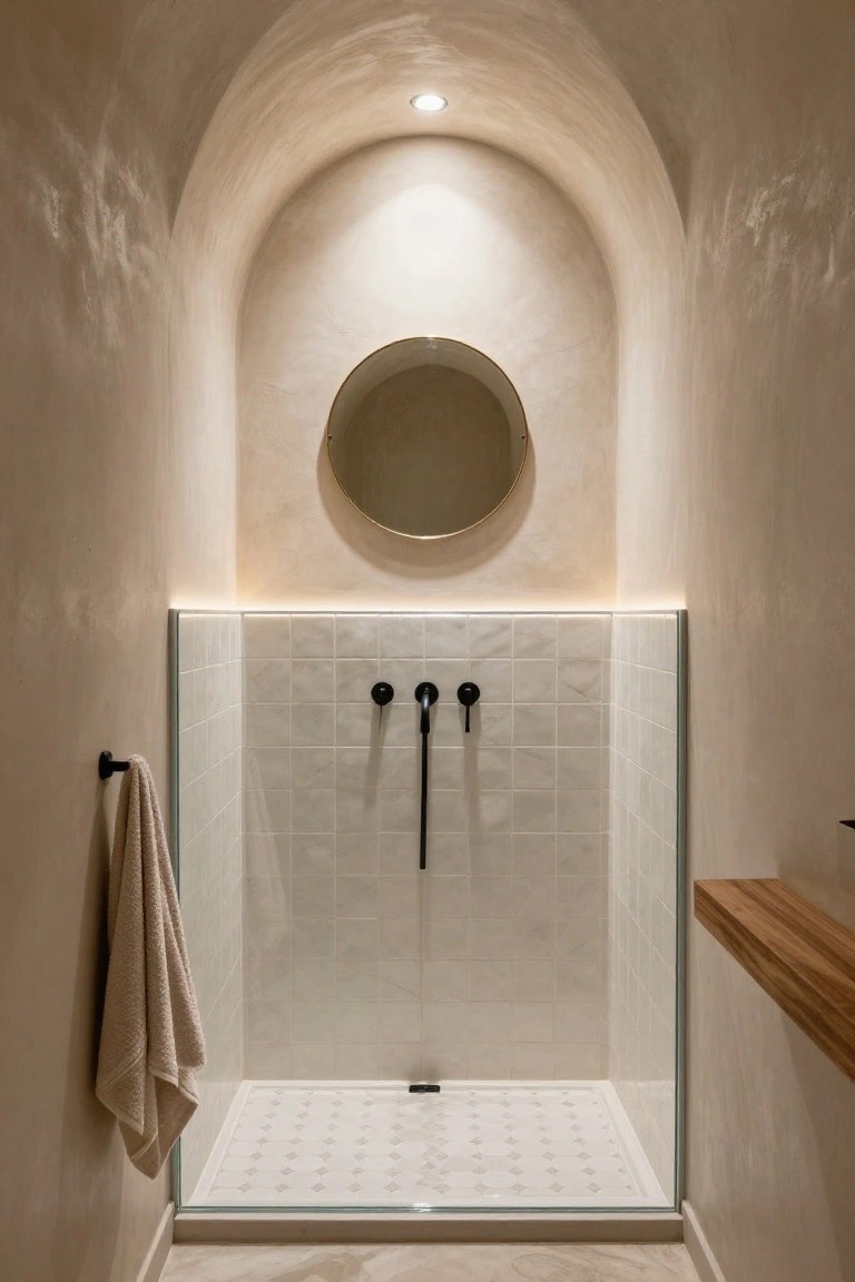 A bathroom with curved beige plaster walls, a glass shower enclosure lined in white tiles with black faucets and a towel hook, a round wall mirror, a wooden shelf, and recessed ceiling lighting.