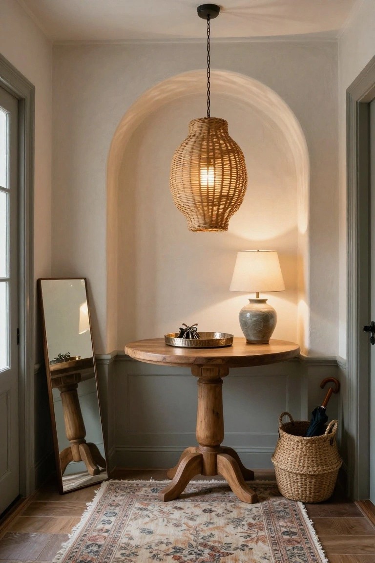 Arched wall niche in a light-colored entry space with woven rattan pendant light above round wooden pedestal table holding ceramic lamp and tray, flanked by full-length mirror, umbrella basket, and Persian-style rug on wood floor.