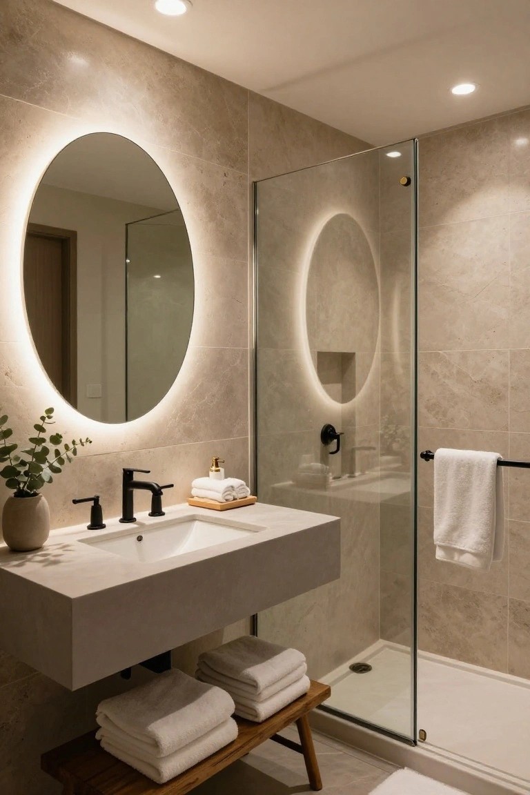 Modern bathroom with beige tile walls, backlit oval mirror above floating white sink, black faucet, glass shower enclosure, eucalyptus plant, folded towels on wooden stool and shelf.