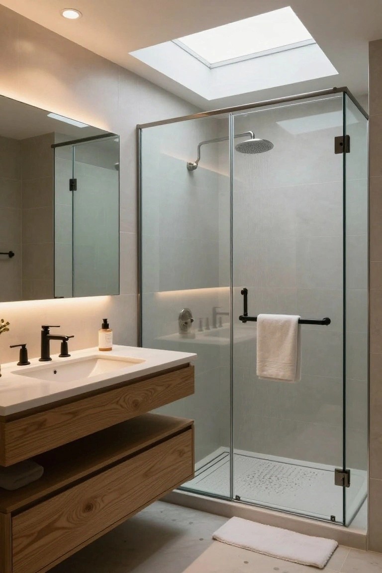 Modern bathroom with frameless glass shower enclosure, overhead skylight, oak wood floating vanity with white sink and black faucet, neutral gray tiled walls, and white bath mat on floor.