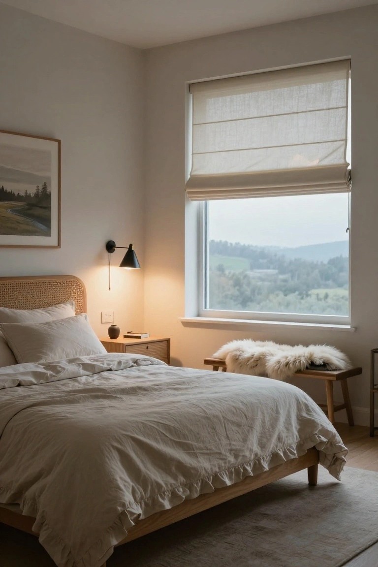 Bedroom corner with rattan headboard bed draped in beige linens, wooden nightstand holding a vase and book, lit black swing-arm wall sconce, large window with sheer linen blinds overlooking misty hills and fields, sheepskin rug on wooden bench.