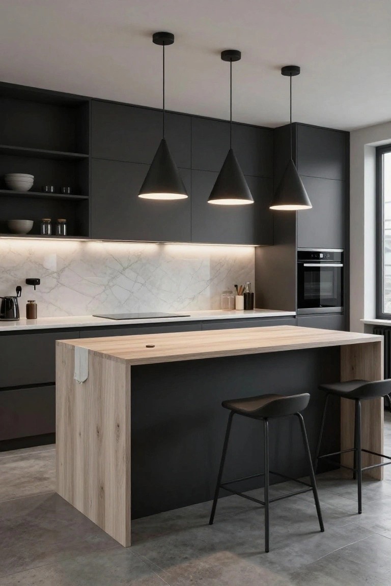 Modern kitchen with dark gray cabinets, white marble tile backsplash, light wood island bar, three black conical pendant lights hanging above the island, and black stools.