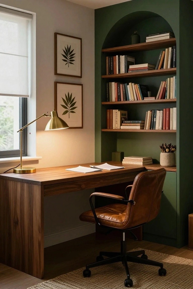 Home office nook with arched green wall and built-in wooden bookshelves, wooden desk holding papers and books, brown leather chair, brass adjustable desk lamp turned on, plants on shelves and desk.