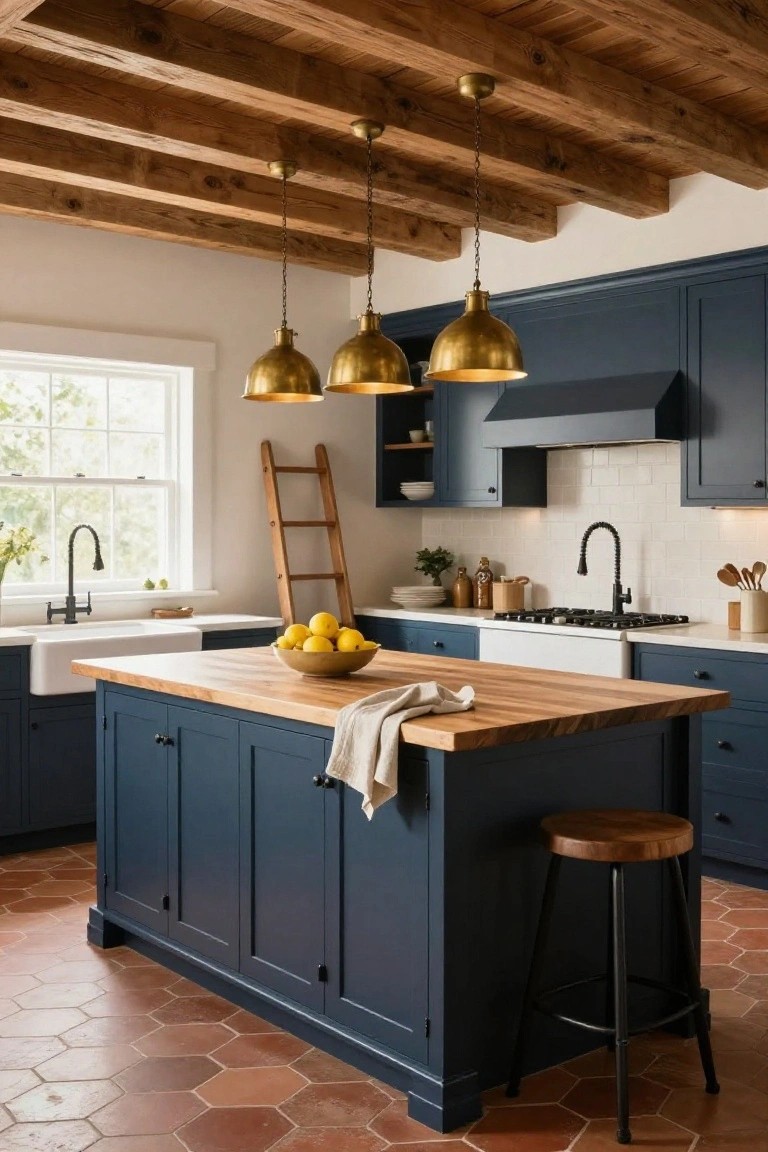 Kitchen interior featuring navy blue cabinets, wooden beamed ceiling with three hanging brass conical pendant lights over a wooden-topped island, farmhouse sink, and terracotta hexagon tile floor.