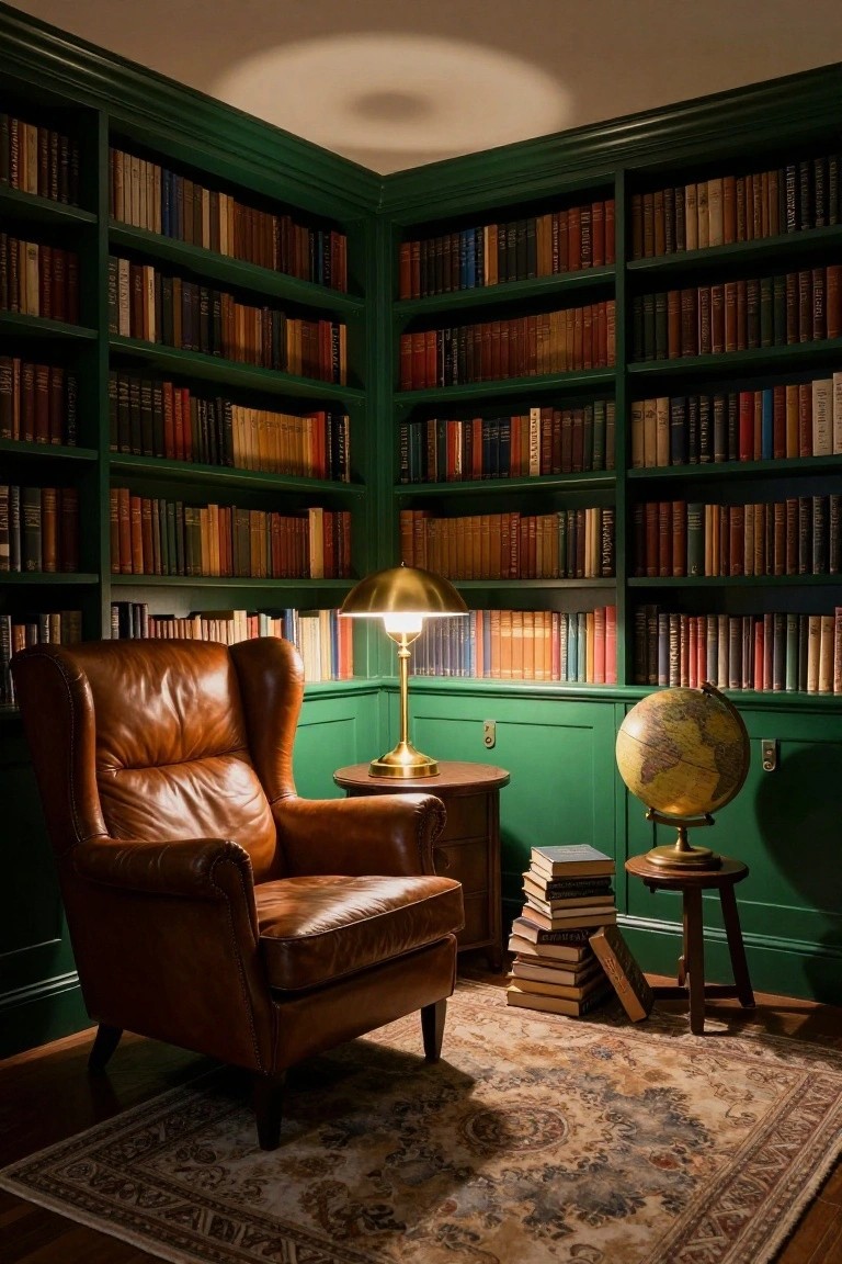 Cozy Library Corner with a Single Lamp