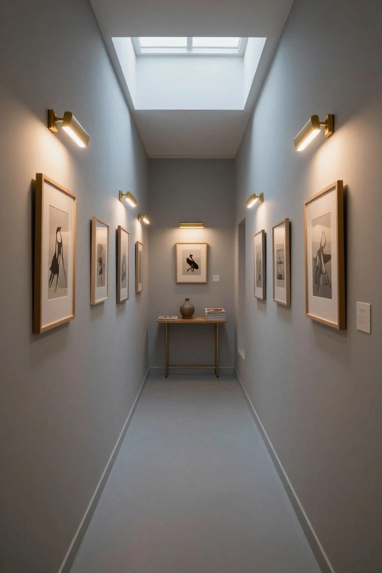 A narrow light gray hallway with black-and-white photographs in wood frames on both walls, illuminated by multiple gold wall-mounted cylindrical sconces, a skylight in the ceiling, a central wooden console table with vase and stacked books, and a light switch on the wall.
