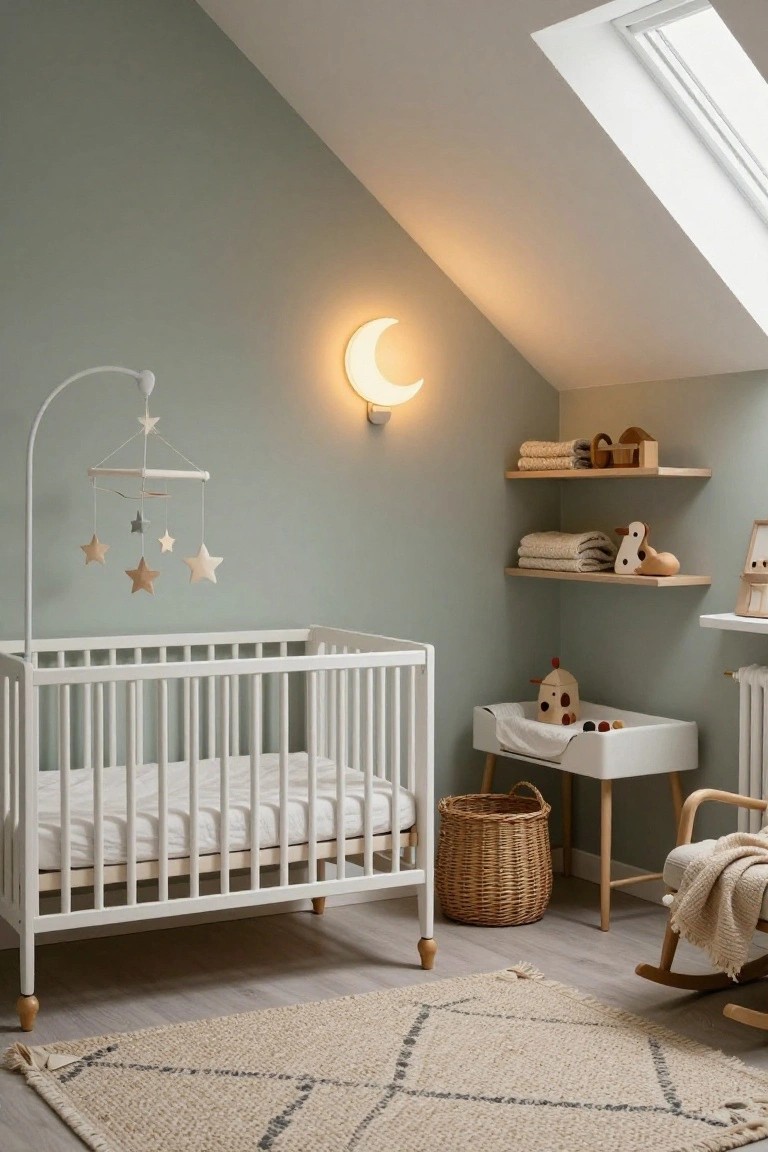 Sage green nursery corner with white crib under star mobile, glowing white moon wall sconce, wooden changing table, floating shelves with toys and linens, rattan basket, rocking chair, and woven rug on light wood floor beneath skylight.