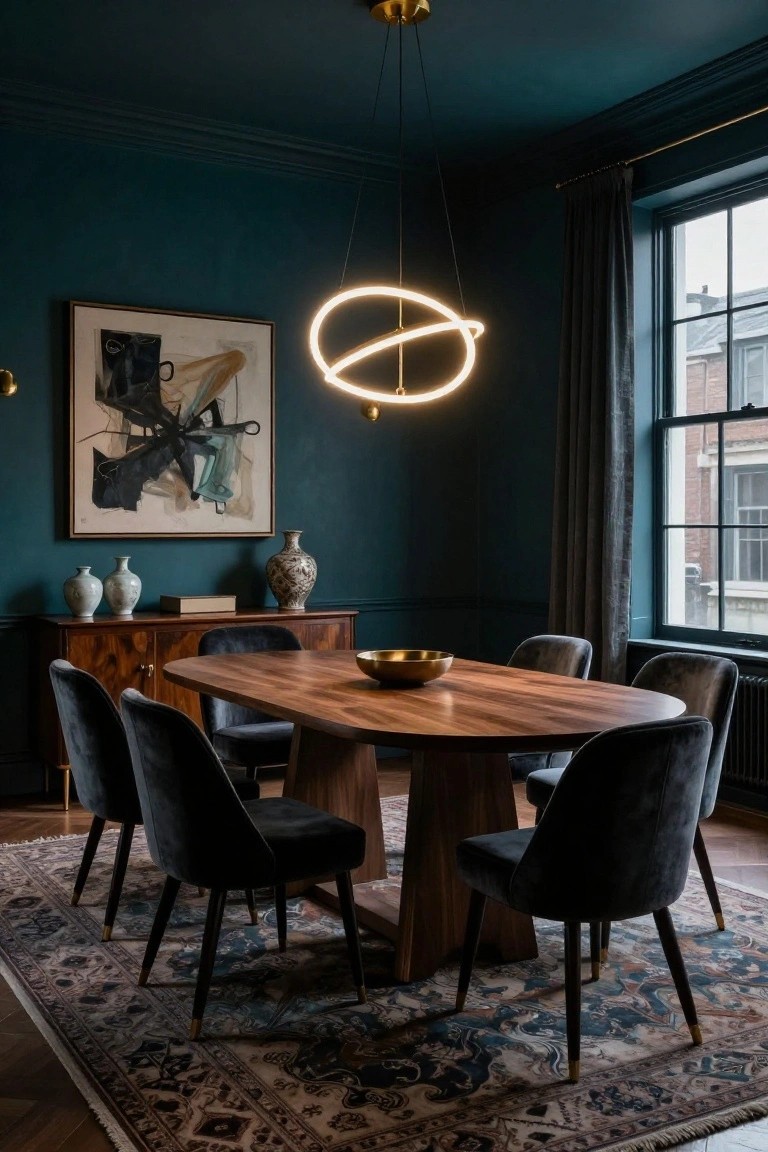 Teal-walled dining room with oval walnut table, six black velvet chairs, looped neon pendant light overhead, wooden sideboard with blue-and-white vases, and abstract wall art.