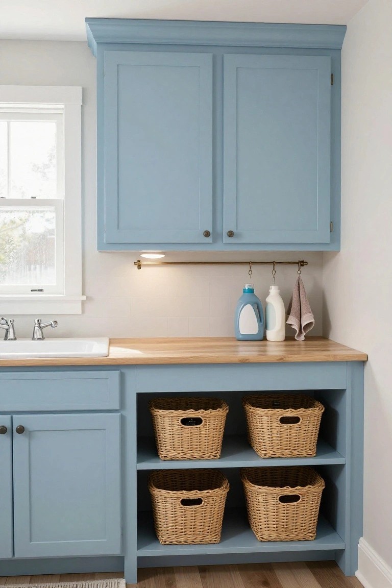 Light blue cabinets over a wooden countertop and sink in a laundry room, with under-cabinet lighting glowing softly, open shelves holding wicker baskets, detergent bottles on the counter, and a window nearby.