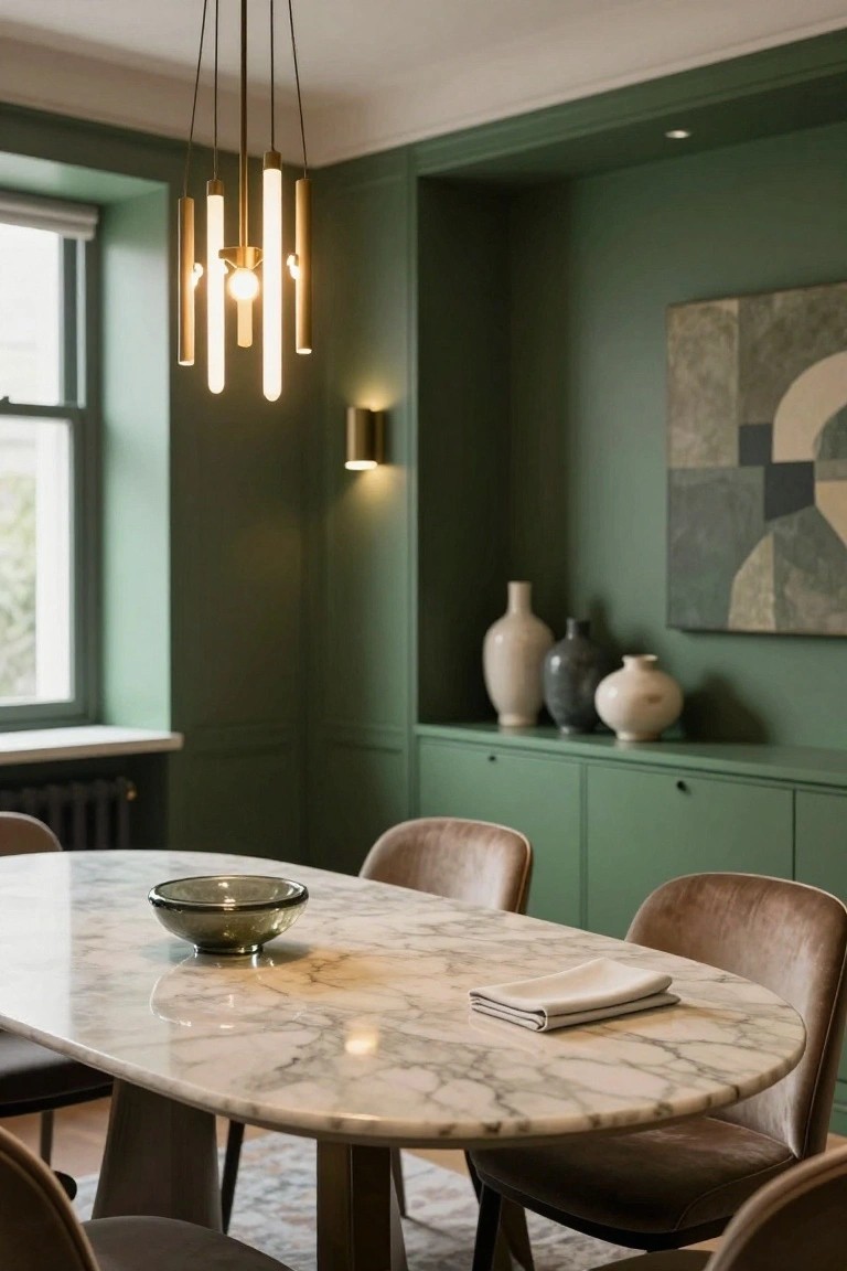 Green paneled dining room featuring an oval white marble table with a green bowl and white napkin, brown velvet chairs, brass multi-arm vertical tube chandelier, wall sconce, shelves with ceramic vases, and abstract wall art.