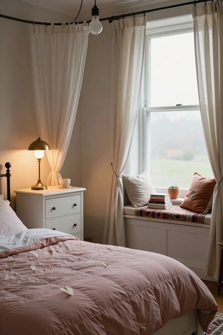 Bedroom corner featuring an iron bed with pink duvet, white nightstand holding a lit brass lamp, teacup, and saucer next to open drawers, window seat with cushions, books, potted succulent, and sheer white curtains over a foggy outdoor view.