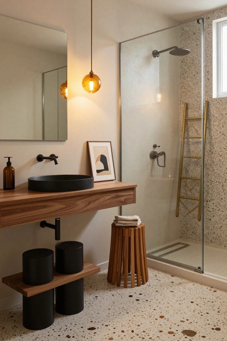 Modern bathroom with floating wooden vanity, black round sink, amber glass pendant lights, glass shower enclosure with gold ladder towel rack, black soap dispensers on wood stool bases, and terrazzo-look floor.