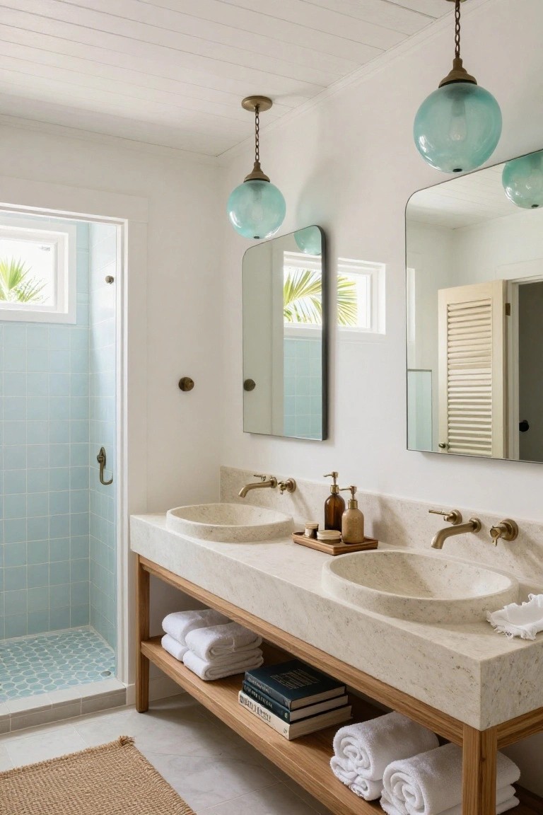 White bathroom interior featuring two hanging blue glass globe pendant lights over a wooden vanity with double round stone sinks, blue tiled shower enclosure, mirrors, and towels on open shelves.