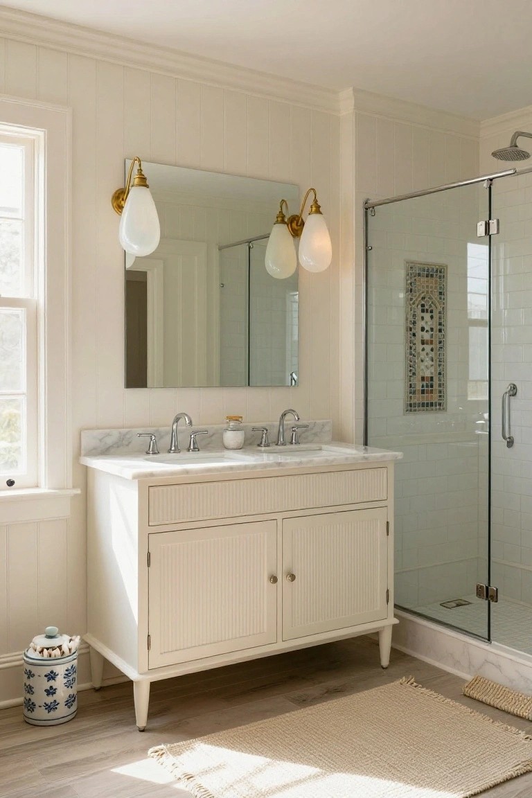 White shiplap-walled bathroom with double marble vanity, brass wall-mounted pendant sconces with milky glass shades flanking a large mirror, glass shower enclosure, and blue and white porcelain accents on light wood floors.