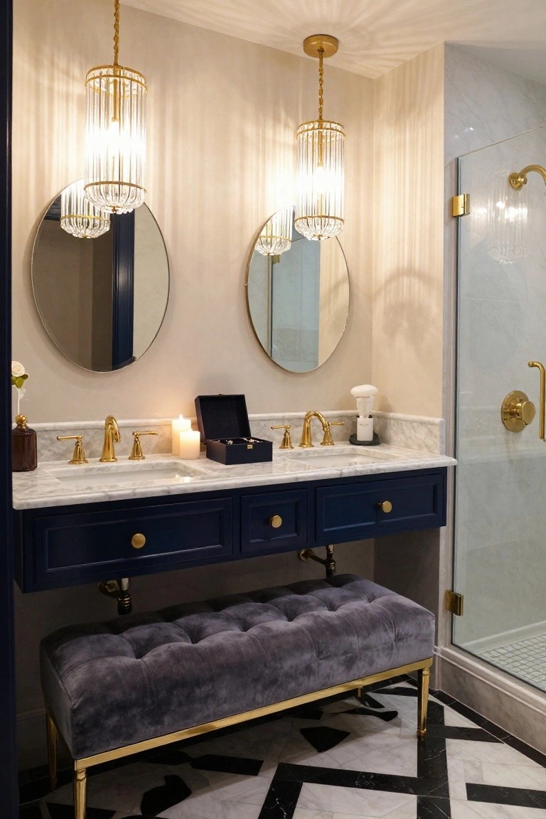 A master bathroom with navy double vanity on marble countertop, gold faucets and hardware, two crystal column pendants hanging over round mirrors, velvet bench, and glass shower enclosure.