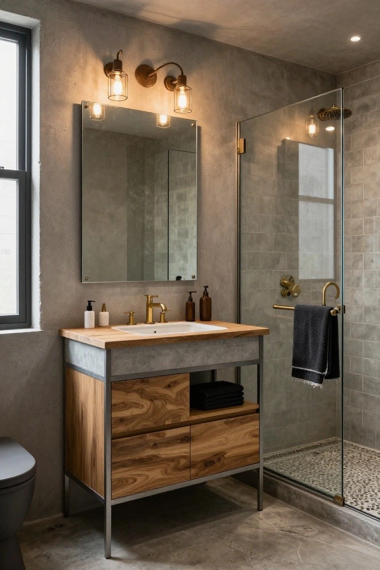 Modern bathroom featuring a wooden vanity with metal frame, brass faucets, exposed concrete walls, glass shower enclosure with pebble floor, black toilet, and brass wall sconces with Edison-style bulbs flanking a rectangular mirror.