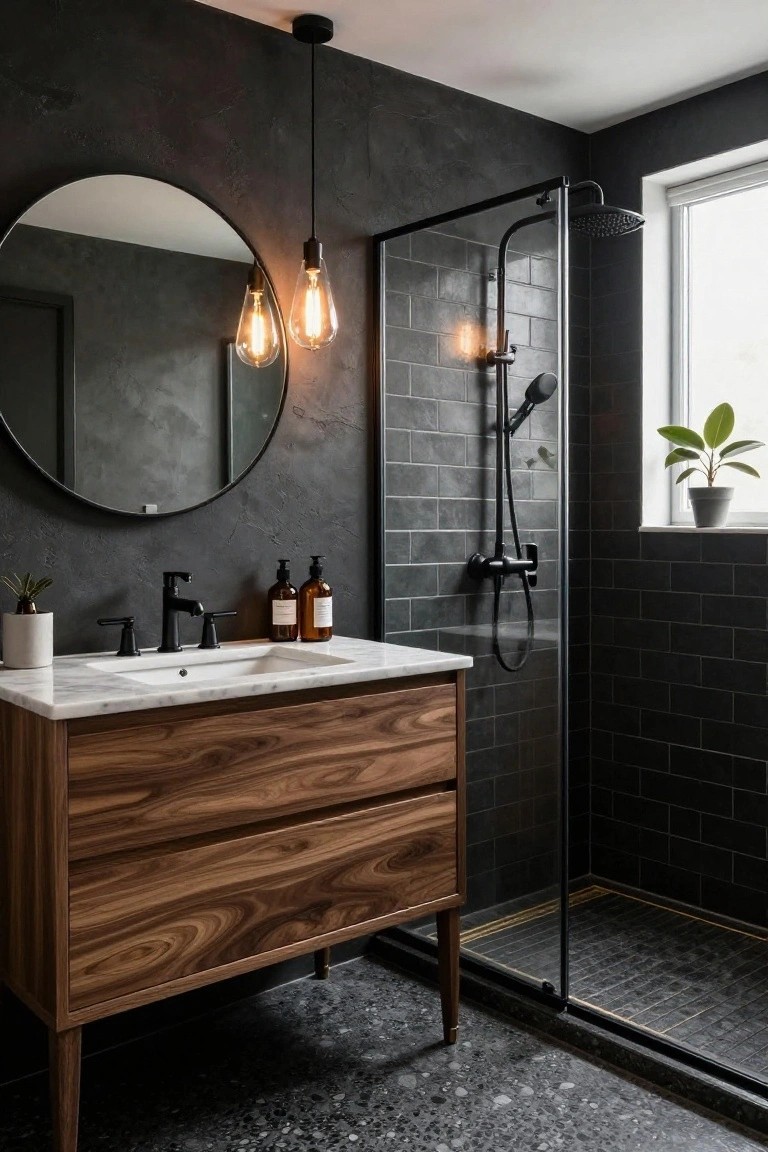 Contemporary bathroom with dark textured walls, walnut wood vanity topped with white marble sink, large round mirror, two black pendant lights with exposed bulbs, glass shower enclosure with dark subway tiles, and dark terrazzo floor.