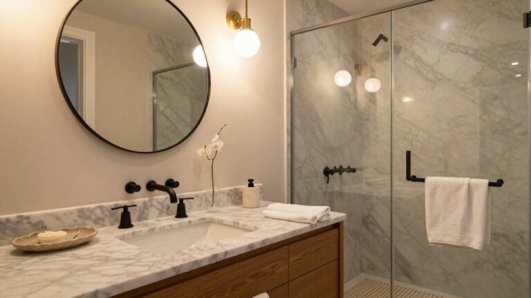 White marble bathroom with wooden double vanity holding two sinks and black faucets, flanked by large round mirrors, multiple white globe pendant lights hanging from the ceiling, orchids in a vase, stacked white towels below, and a glass shower enclosure nearby.