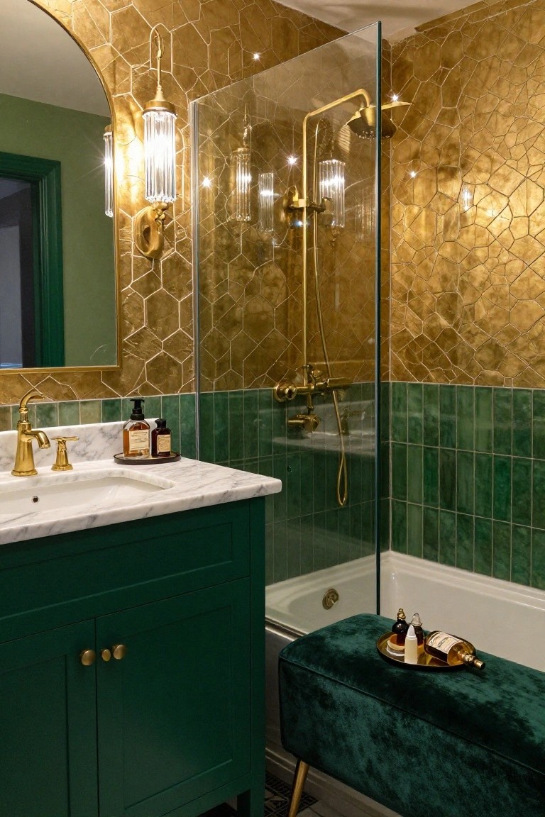 Luxurious bathroom with gold hexagonal tile walls, green subway tile lower walls, white marble countertop on green vanity, gold brass faucet and shower fixtures, glass shower enclosure, freestanding bathtub, green velvet stool, and brass wall sconces with fluted clear glass pillars.