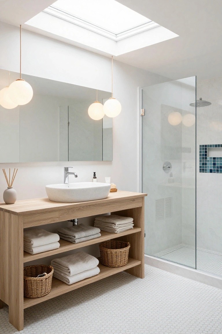 Bright bathroom with skylight, oak vanity topped by white oval sink and flanked by open shelves with folded towels and woven baskets, glass shower enclosure with blue mosaic tile niche, and pairs of white globe pendant lights above the mirror.