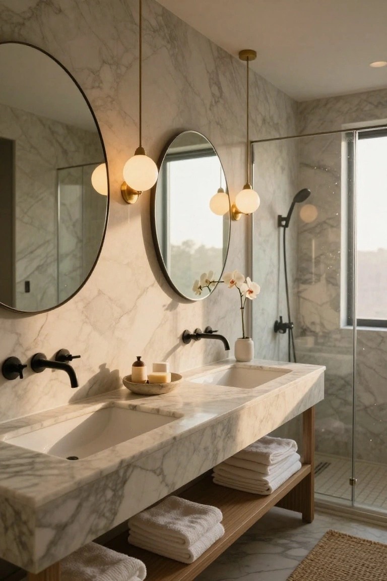 White marble bathroom with wooden double vanity holding two sinks and black faucets, flanked by large round mirrors, multiple white globe pendant lights hanging from the ceiling, orchids in a vase, stacked white towels below, and a glass shower enclosure nearby.