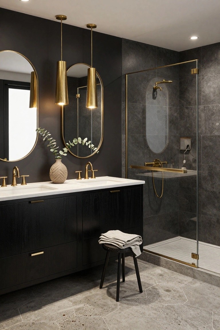 Modern bathroom featuring a black double vanity with white quartz countertop and gold faucets, flanked by two large arched gold-framed mirrors with eucalyptus arrangements, tall conical gold pendant lights hanging above, and a glass-enclosed shower with dark gray tile walls and gold accents on a textured gray tile floor.