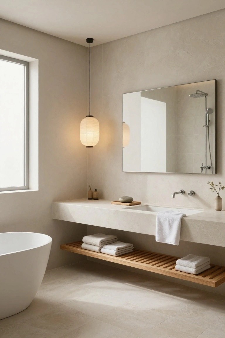Minimalist bathroom interior with white freestanding bathtub, floating white stone vanity, wooden shelf with folded towels below, large rectangular mirror with adjacent shower, hanging white fabric lantern pendant light from ceiling, neutral beige walls and tiled floor.