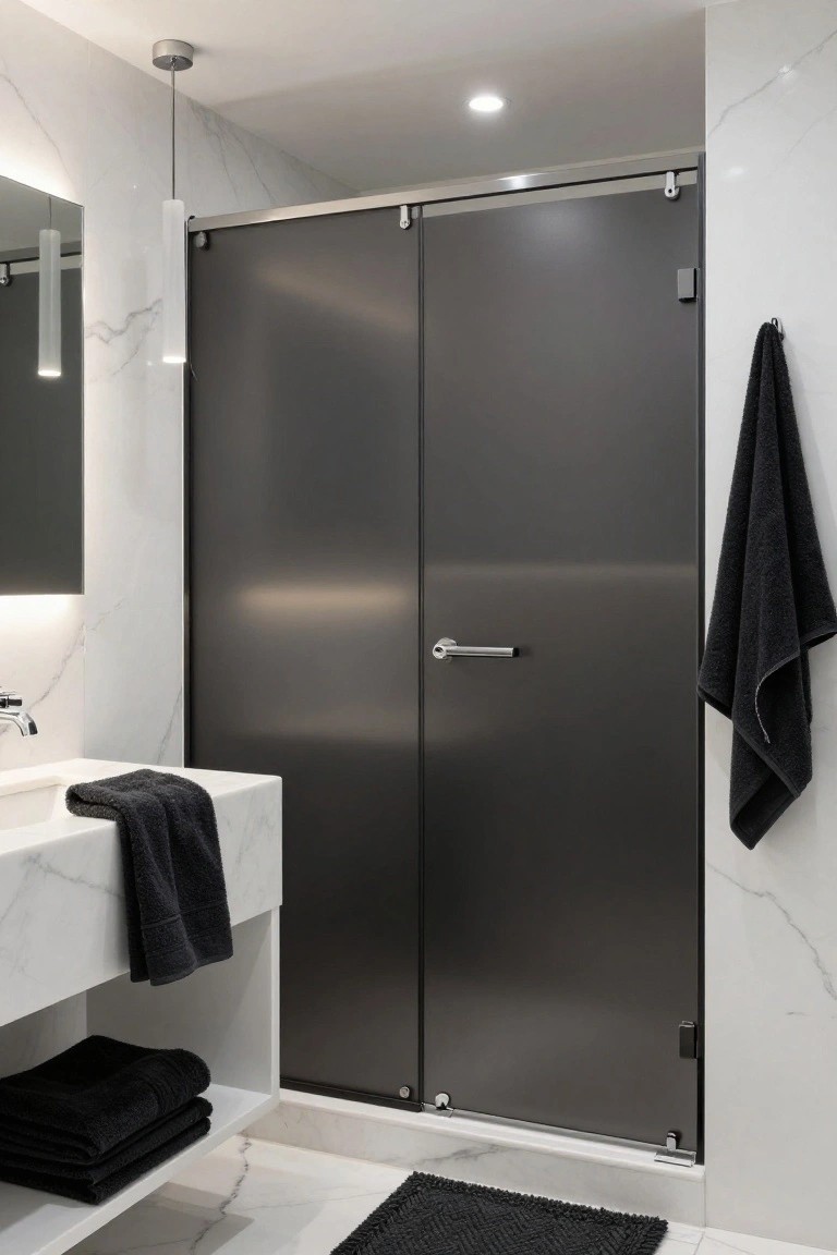 Modern master bathroom with white marble vanity and walls, two slim white cylindrical pendant lights hanging above the sink, black glass shower enclosure with towel draped on it, and stacked black towels under the vanity.