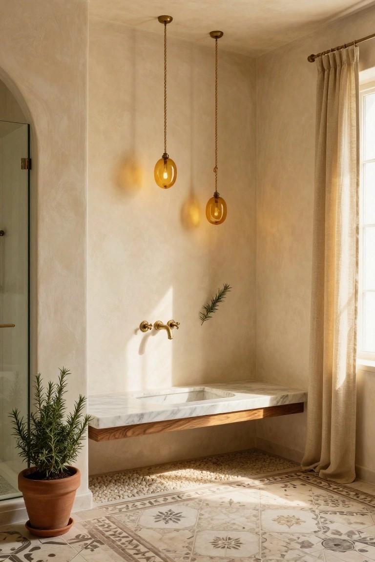 Corner of a beige bathroom with two amber glass pendant lights suspended from rope cords above a floating white marble sink bench, potted rosemary plants nearby, arched glass shower door, linen curtain on window, and patterned tile floor with pebble section.