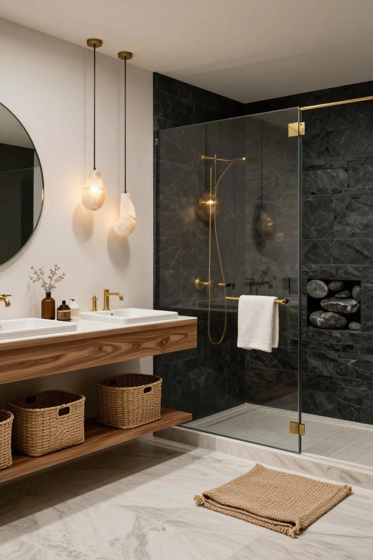 Modern bathroom with wooden double vanity, two organic-shaped pendant lights hanging above white sinks, round mirror, glass shower with black stone wall and gold fixtures, beige rug on white tile floor.