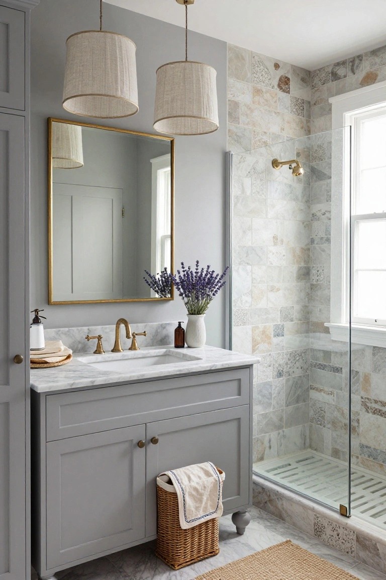 A master bathroom with two beige linen drum pendant lights hanging over a gray wood vanity with white marble countertop, gold-framed mirror, lavender flowers, and glass shower enclosure with gray stone tile walls.