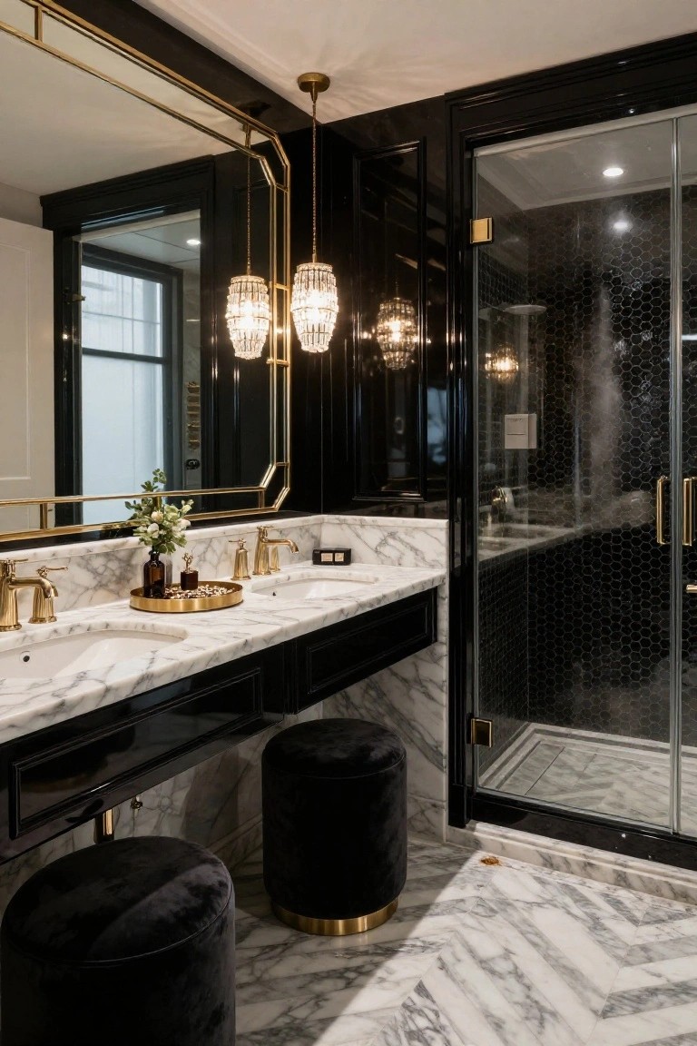 A luxurious master bathroom with black lacquered walls and doors, large gold-framed mirror, double white marble vanity with gold faucets, two hanging crystal pendant lights, glass shower enclosure with black honeycomb tile, and two black velvet stools on herringbone marble floor.