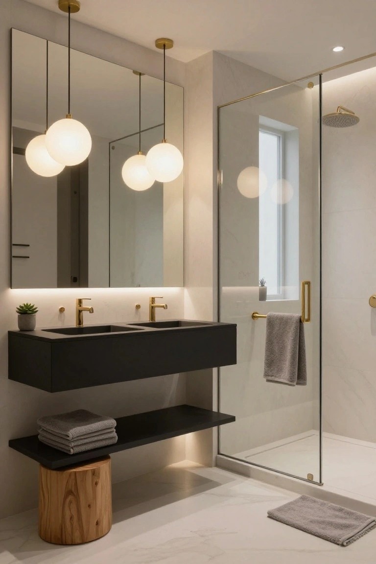 Modern bathroom featuring a black floating double vanity with gold faucets under four white globe pendant lights, a glass shower enclosure, wood stool, and neutral tile flooring.