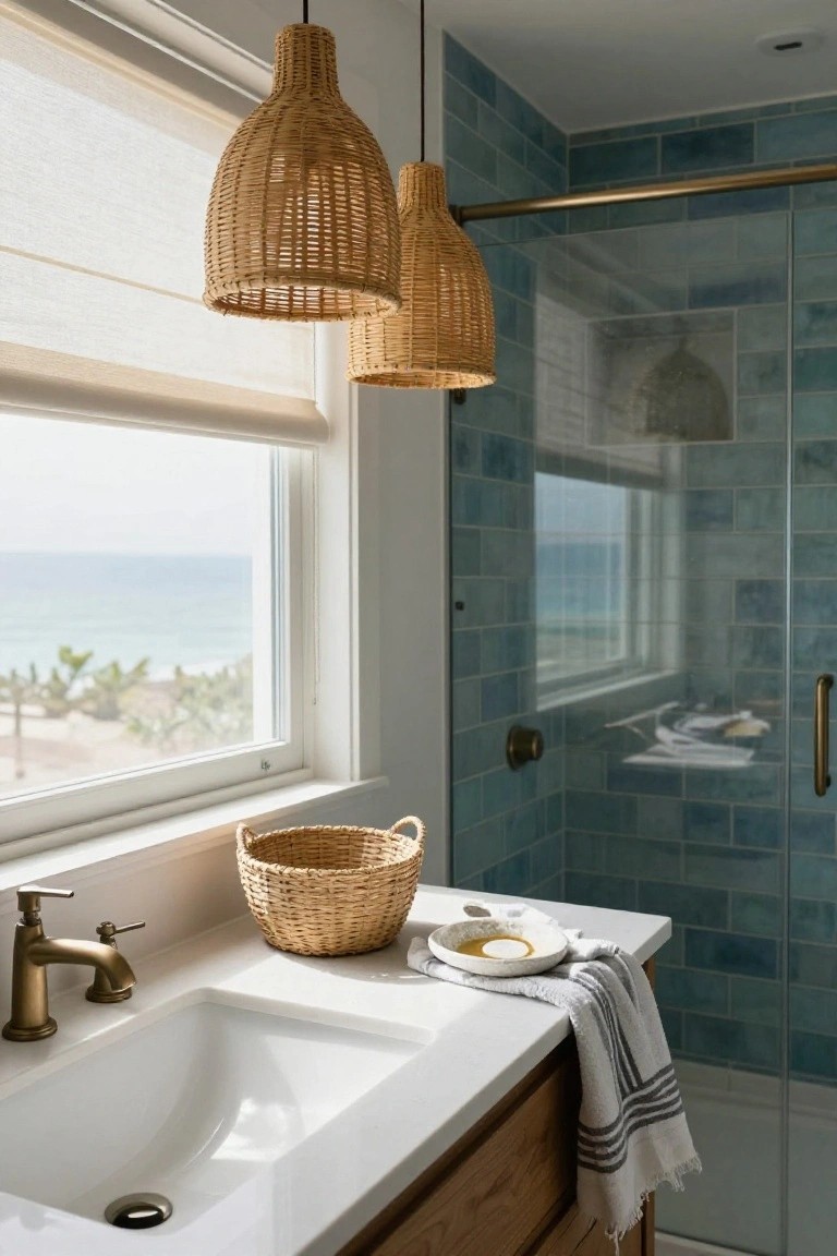Master bathroom with white vanity sink, brass faucet, woven basket and dishes on counter, two rattan pendant lights hanging above, blue subway tile shower with glass door, and large window showing ocean view.