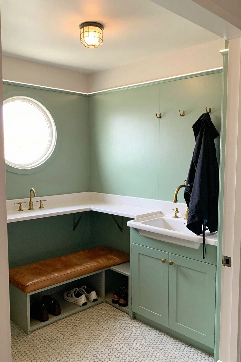 Sage green laundry room with white corner sink and brass faucets, built-in bench storing shoes, black coat on brass hooks, round window, brass caged lantern ceiling light, and white subway tile floor.