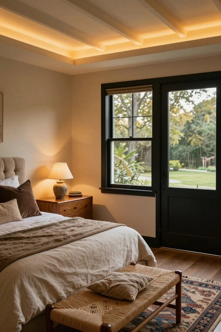 Bedroom with tray ceiling featuring recessed warm LED strip lighting, upholstered bed with beige linens and brown throw, wooden nightstand with lamp, rattan bench on Persian rug, and black-framed glass door to garden view.