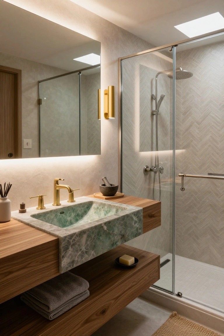 Modern bathroom interior with a large rectangular mirror featuring integrated backlighting, gold sconces, floating wooden vanity holding a green marbled sink, glass shower enclosure with herringbone tiles, and neutral walls.