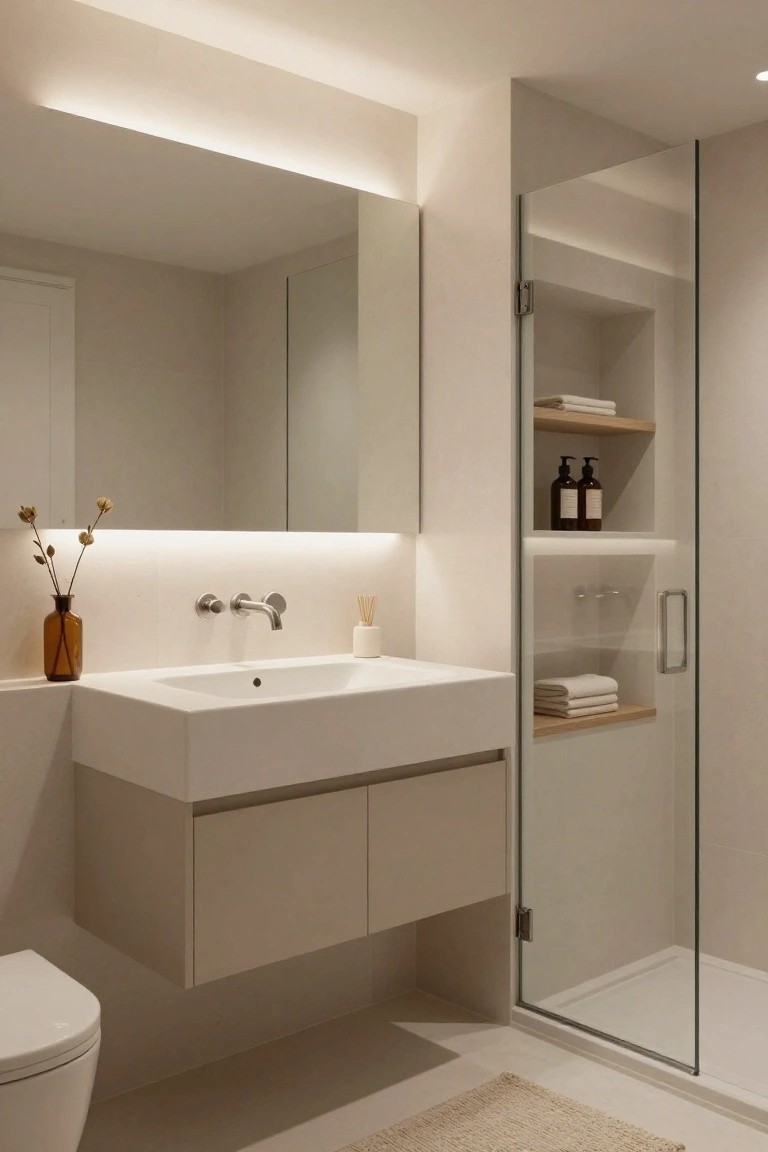 Modern bathroom interior with floating white sink, beige cabinets, backlit rectangular mirror, glass shower enclosure with wood shelves, and neutral walls.