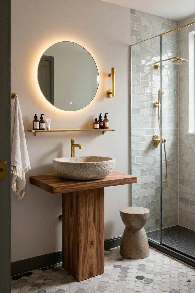 A modern bathroom with a large round mirror featuring LED backlighting above a carved stone vessel sink on a wooden vanity stand, gold fixtures, a glass shower enclosure with subway tiles, and hexagonal floor tiles.