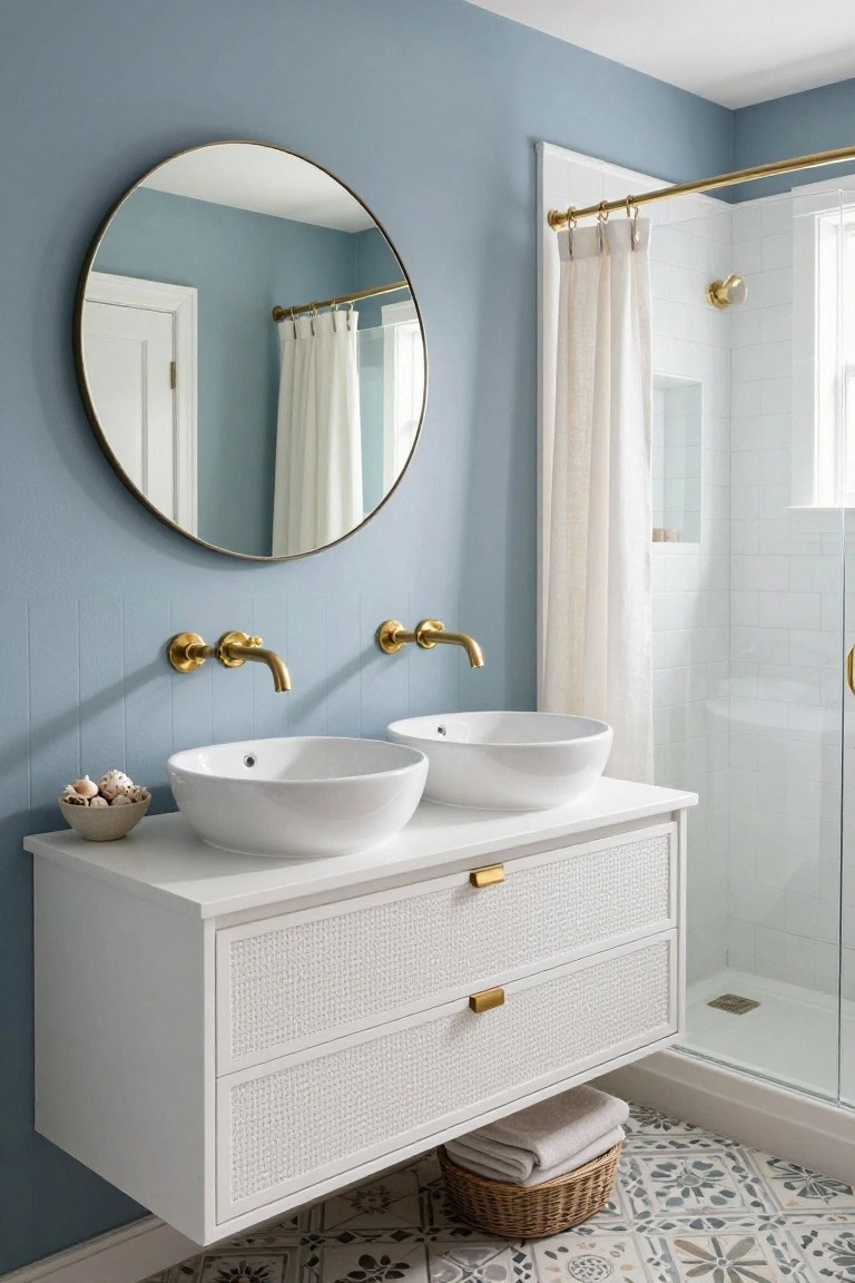 Light blue bathroom with round brass-framed mirror, double white vessel sinks on white rattan double-drawer vanity with brass pulls, wall-mounted brass faucets, brass shower rod and sconce light by white subway tile shower enclosure, seashell decor, and patterned tile floor.