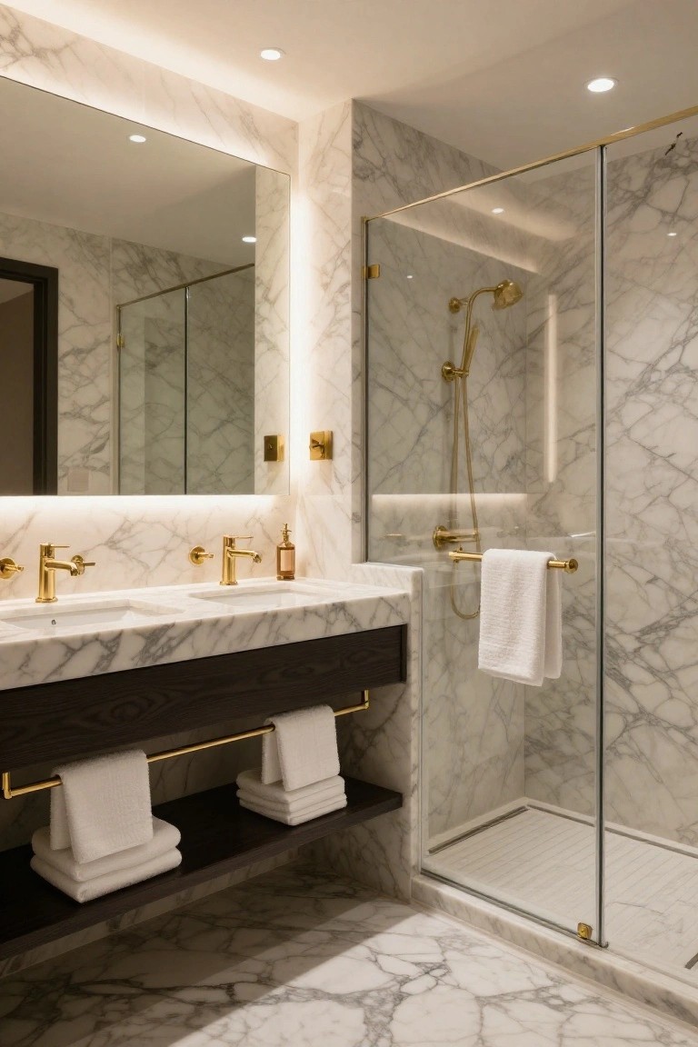 Modern bathroom with white marble walls, floors, and counters, gold faucets and fixtures, backlit large mirror over dark wood double vanity, glass shower enclosure, and recessed ceiling lights.