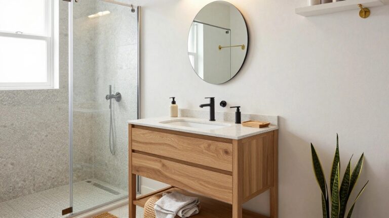 Modern bathroom featuring a floating oak vanity with two black faucets, round black-framed mirror, gold linear wall sconce above, glass shower enclosure with pebble floor, potted snake plant, and woven stool.