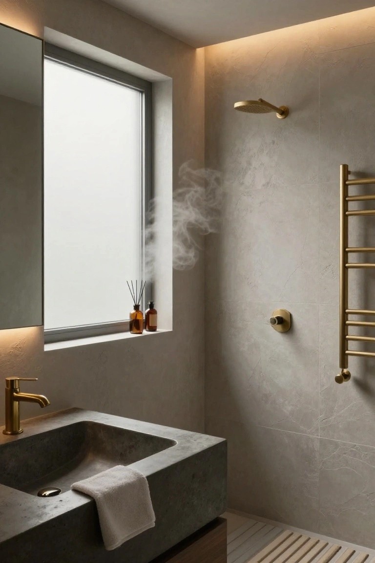 Modern bathroom interior with beige textured walls, black concrete sink and vanity, gold faucet and shower fixtures including rain showerhead and towel radiator, frosted window sill holding reed diffuser bottles, wood slat floor mat, and integrated LED strip lighting along ceiling perimeter and window base with visible steam.
