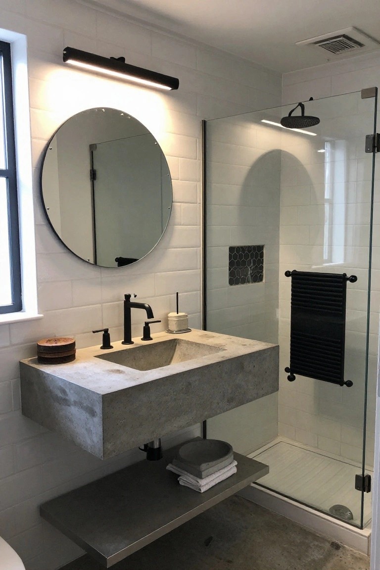 Modern bathroom with white subway tile walls, floating gray concrete sink and black faucet under a round mirror lit by horizontal black LED bar, glass shower enclosure with black showerhead and linear light strip, black towel radiator, and wooden shelf details.