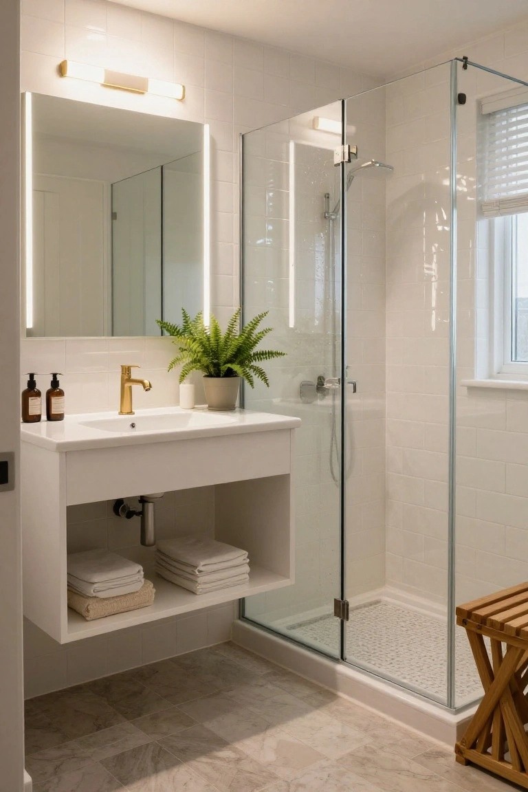 Modern white bathroom with floating vanity, gold faucet, backlit mirror edged in linear lights, glass shower enclosure, potted fern, stacked towels, and wooden bench on tiled floor.